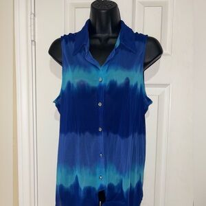 Sleeveless Tie-Front Button Shirt - Blue & Turquoise Blue Tye Dye